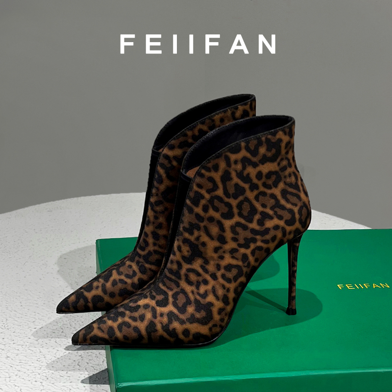 高跟短靴2025秋冬新款女士细跟不累脚尖头法式豹纹靴子3798