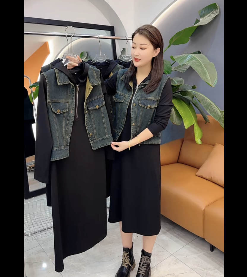 秋冬新款休闲收腰显瘦气质韩版减龄时尚复古百搭牛仔马甲连衣裙