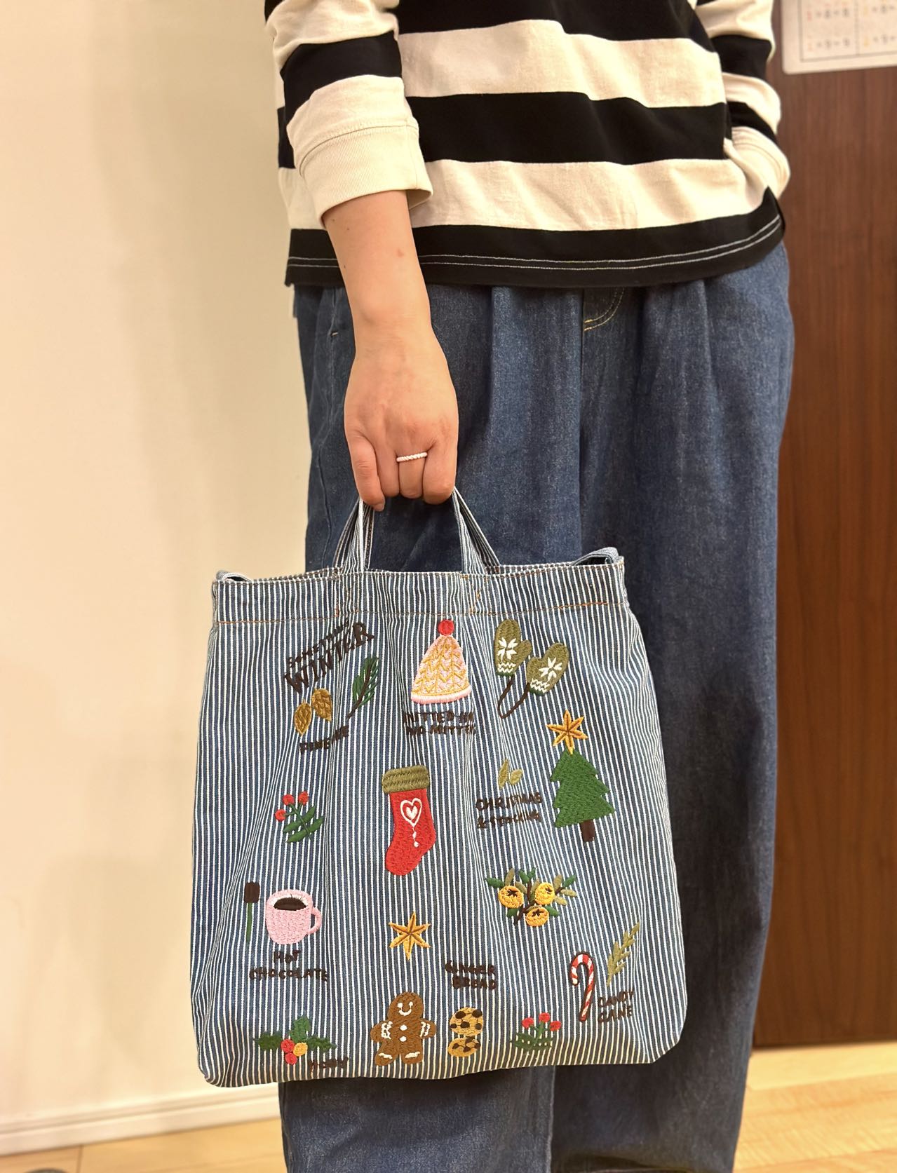 条纹牛仔竖款单肩斜挎手拎三用刺绣包 圣诞版