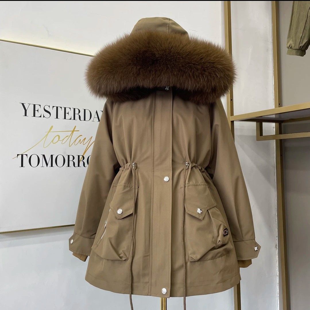 【温香玉】1123冬季休闲连帽反季中长兔毛内胆狐狸毛领派克服外套女