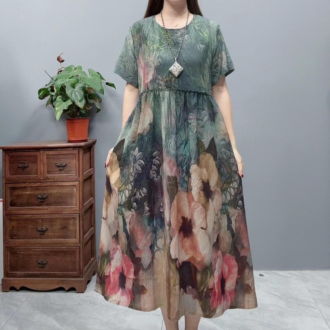 3177夏季新款显瘦气质时尚印花洋气复古丁达尔穿搭大摆裙女连衣裙