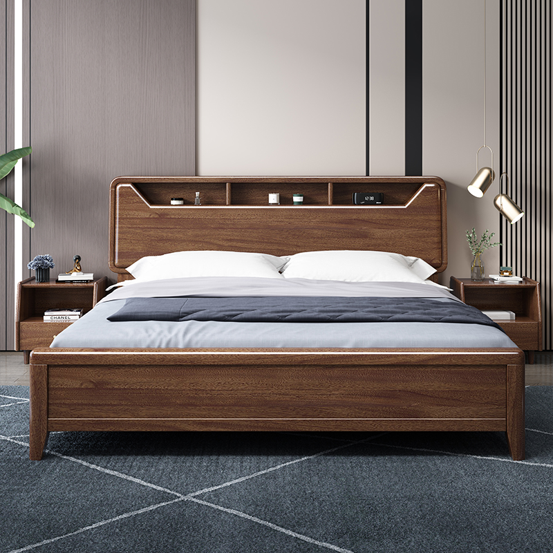 胡桃木主卧室实木床1.8米大床轻奢现代简约风北欧双人床1.5米储物