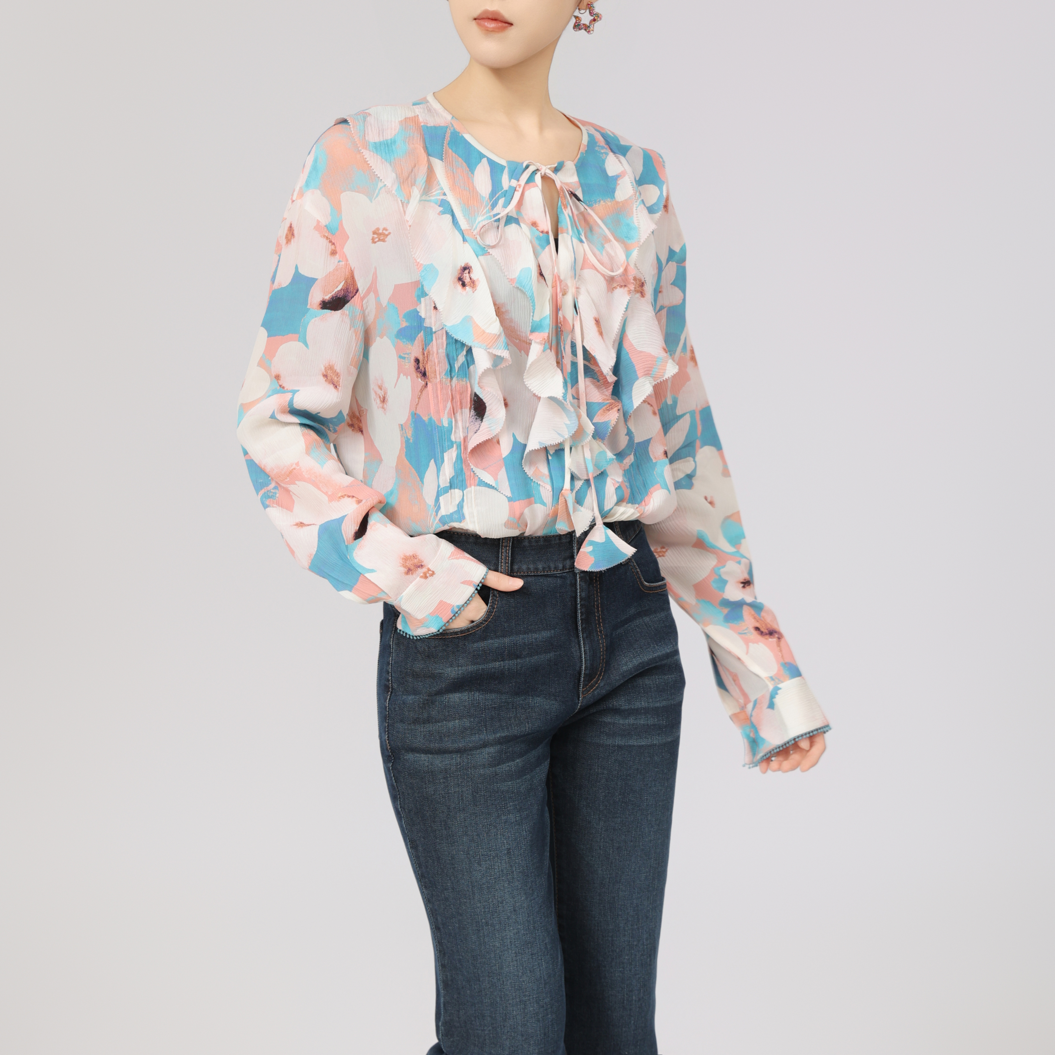 GIRDEAR/哥弟新款浪漫印花衬衣减龄长袖百搭荷叶边衬衫1301023