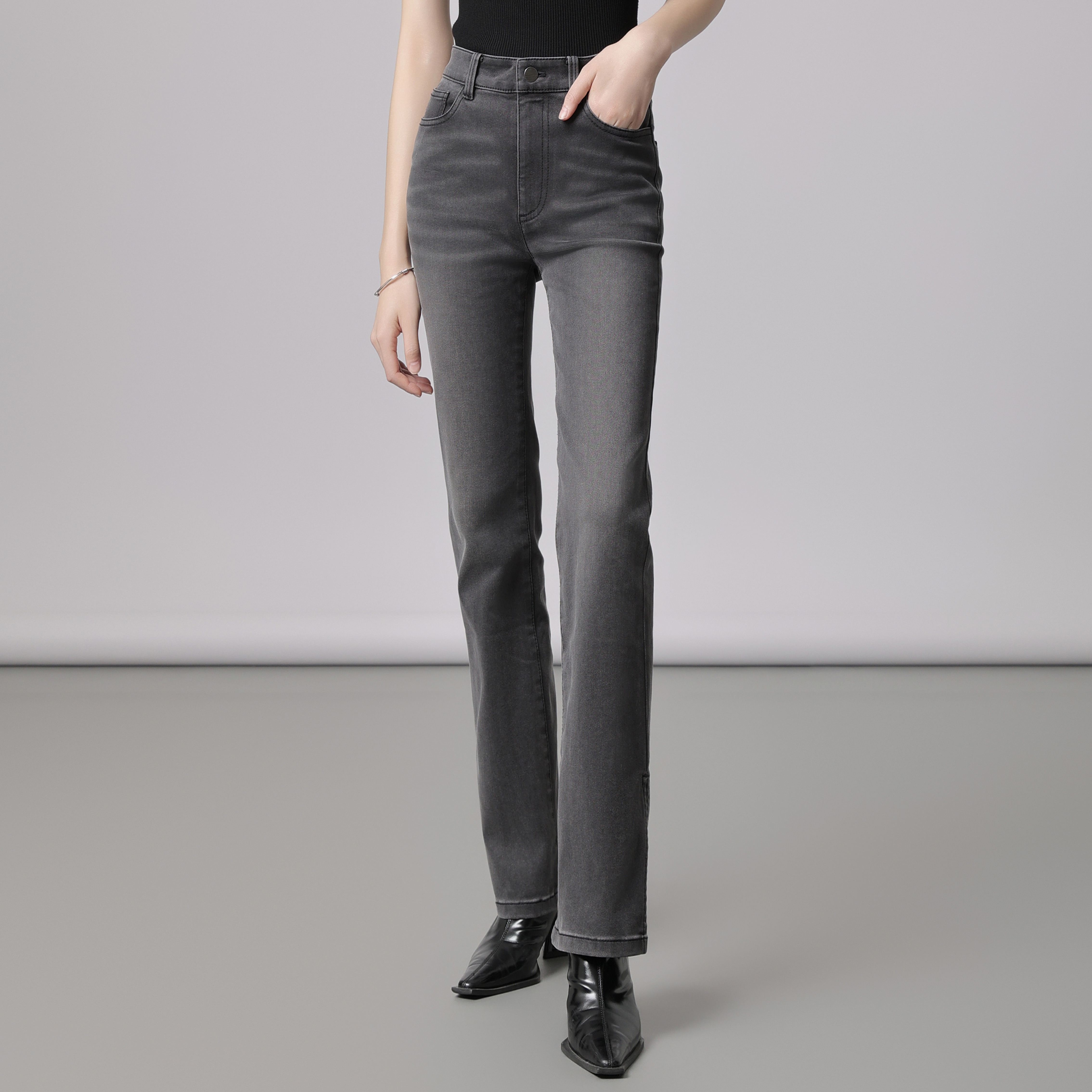 GIRDEAR/哥弟新款修身直筒微喇裤中高腰侧开叉长裤牛仔裤1100420