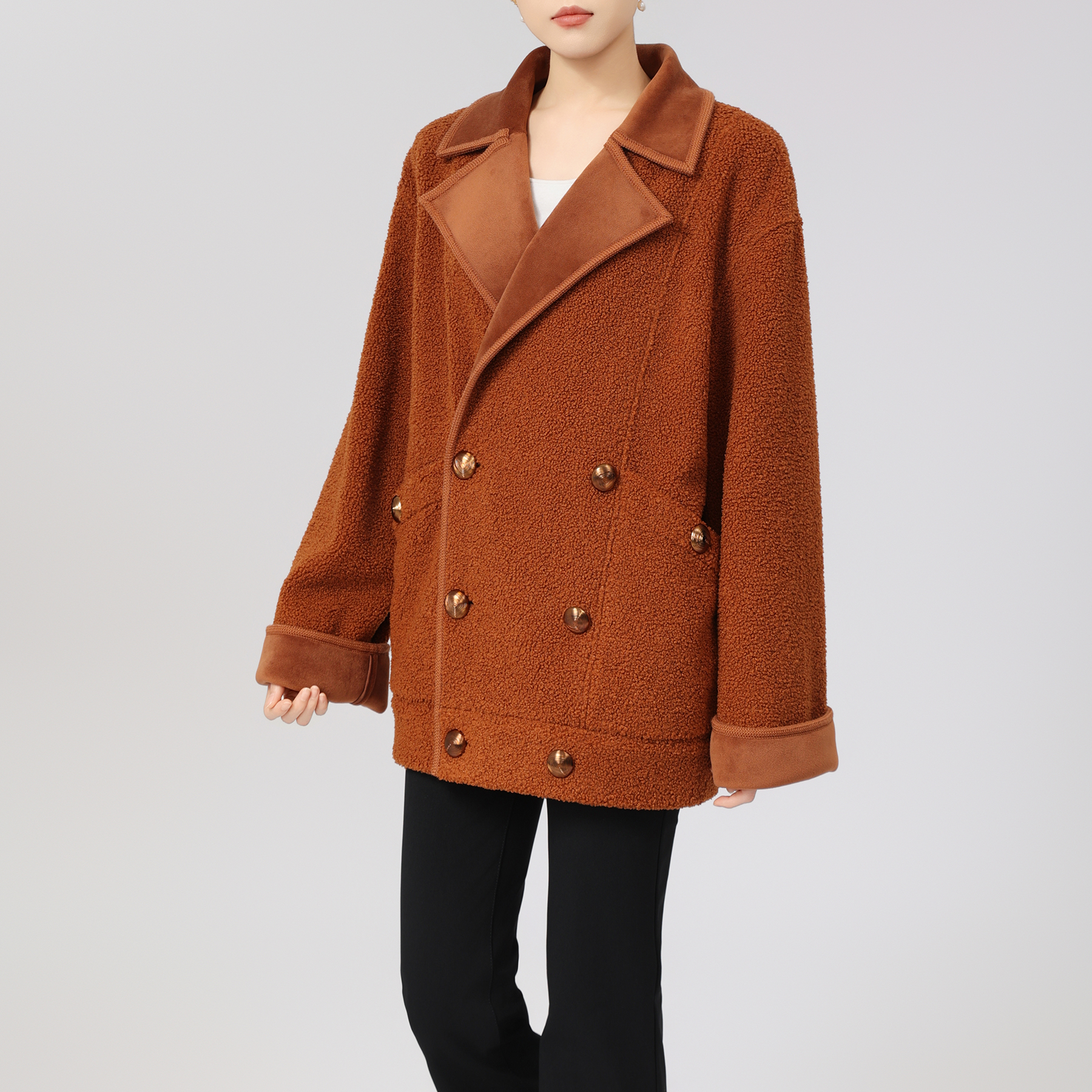 GIRDEAR/哥弟女装气质冬季拼接双排扣长袖宽松保暖外套1400549