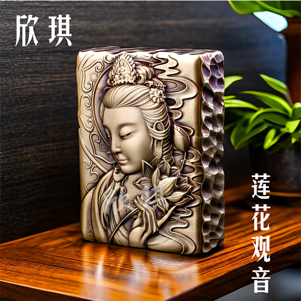 ZORRO重甲打火机玉石刀雕制作莲花观音搭佛手侧面手工雕刻打火机