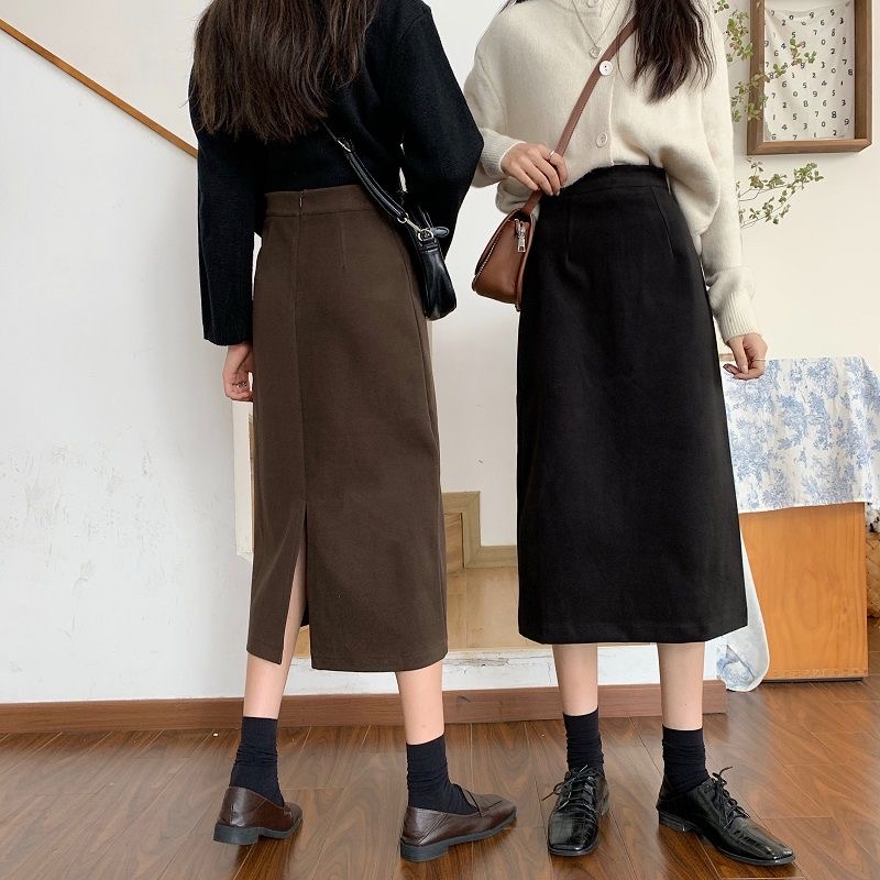 毛呢半身裙开叉气质高腰2024女新款百搭显瘦中长款a字半身裙子