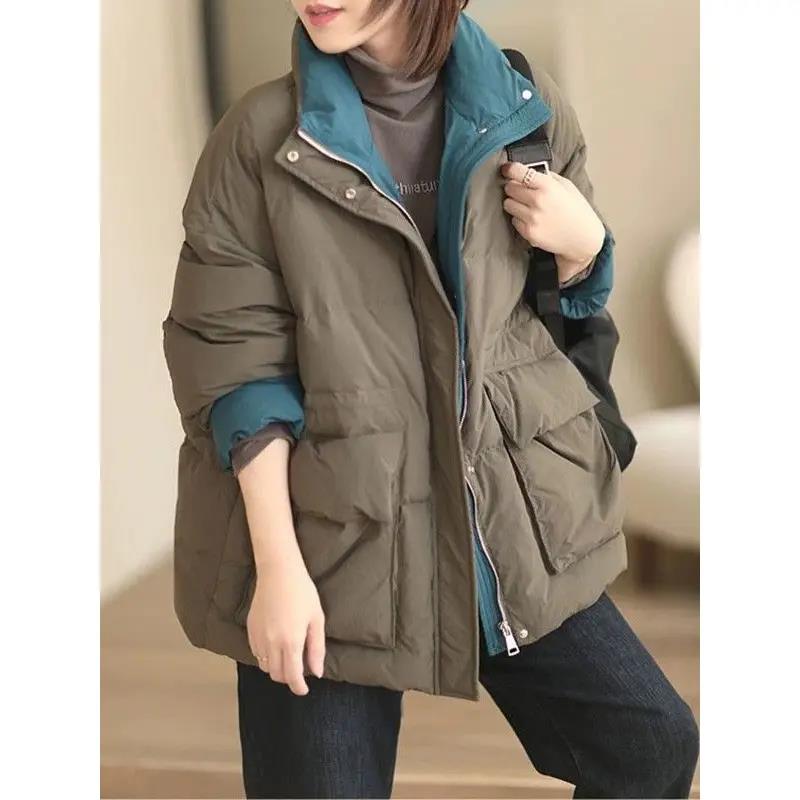 波司澄羽绒服女2024年冬新款美拉德撞色拼接加厚保暖时尚立领短款