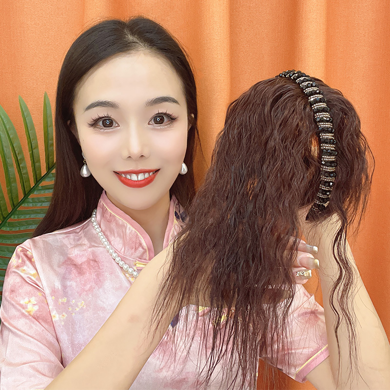 仿真丝女气质水钻假发刘海发箍一体女真发卷遮白发头顶补发片时尚