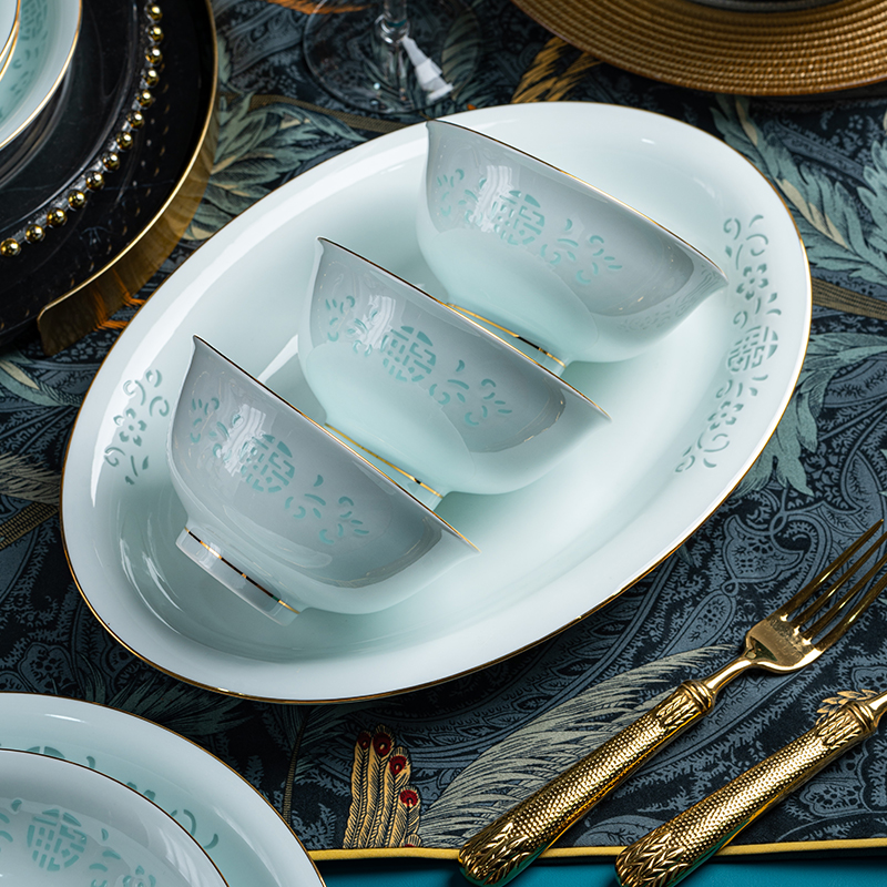 景德镇陶瓷餐具套装青瓷高白瓷乔迁送礼碗碟套装景德镇碗盘餐具