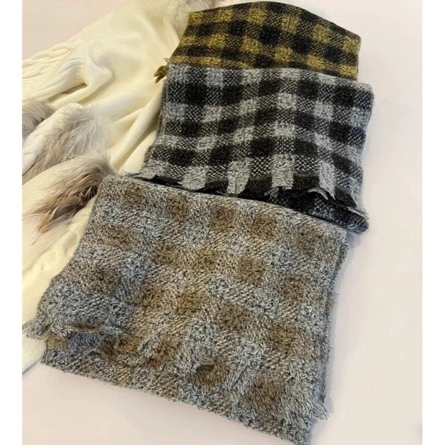 【阿拉善山羊绒】日系花纱小格子围巾100%山羊绒披肩保暖男女同款