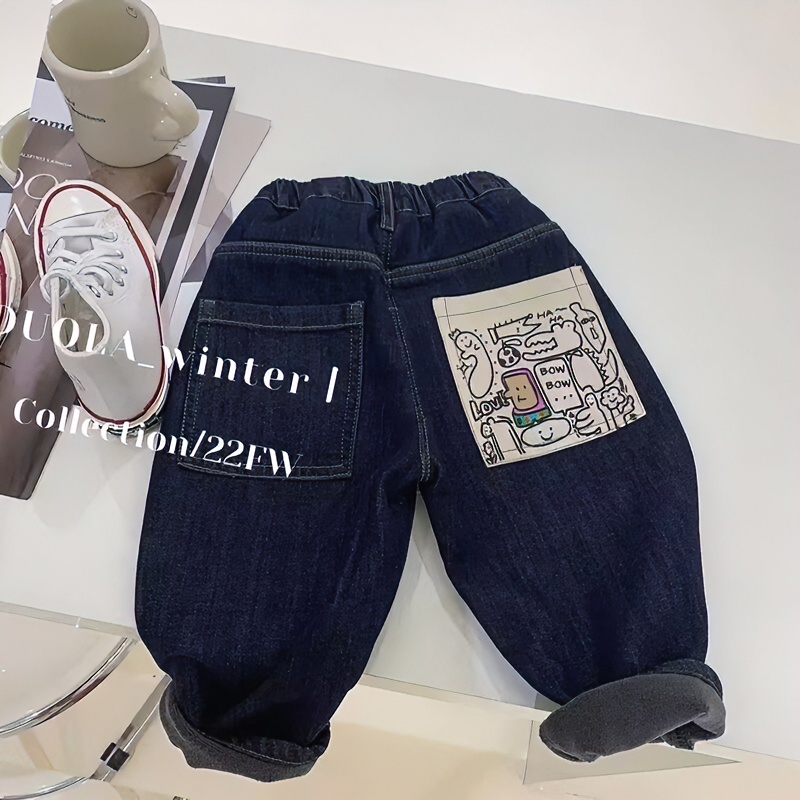 棉质男童加绒加厚牛仔裤柔软2023新款韩国儿童女童宝宝一体绒棉质