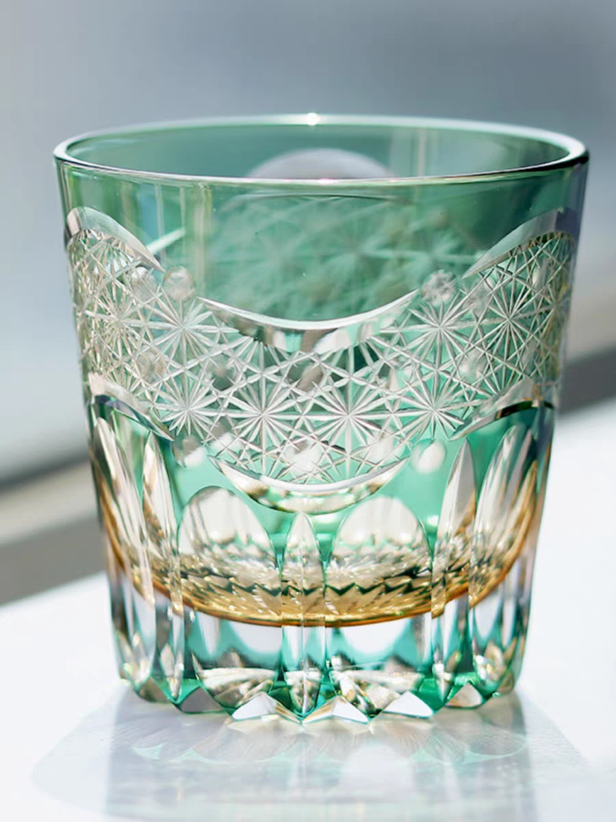 江户切子曙光三套色无铅纯手工水晶杯蓝色创意威士忌杯啤酒杯送礼