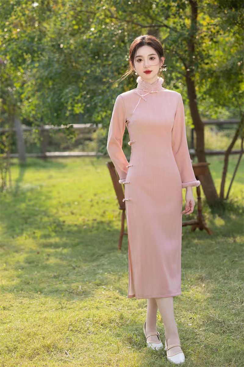 冬季新款两色加绒加厚旗袍复合超柔旗袍