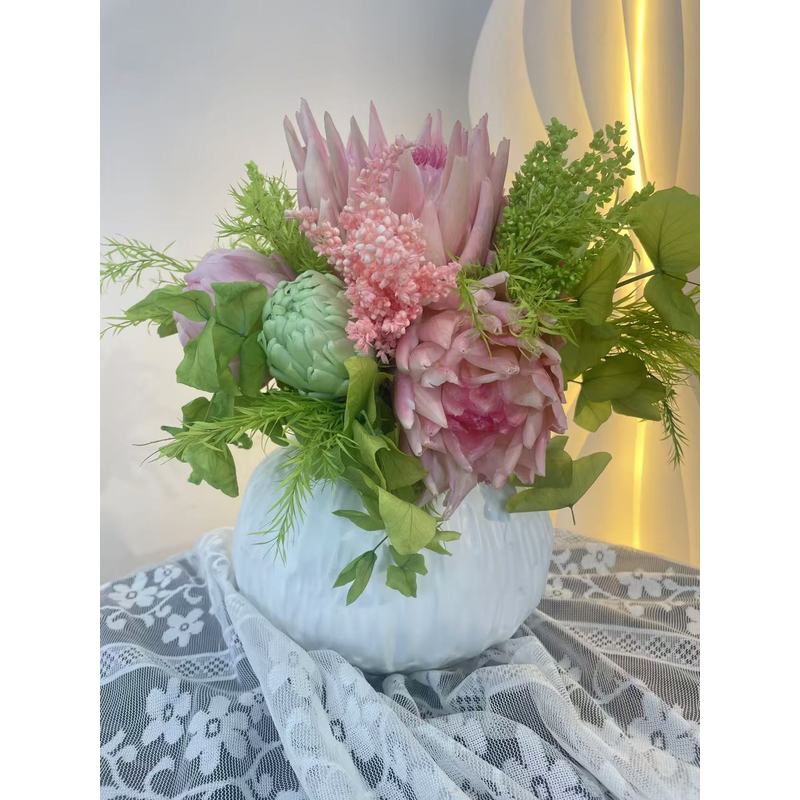 [粉绿360°桌花]永生洋蓟永生花束带花瓶套装