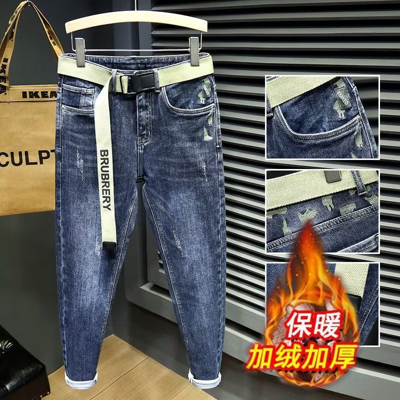 2023秋冬厚款牛仔裤男潮修身小脚休闲印花潮牌青年水洗长裤子