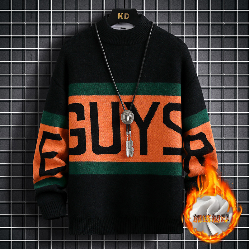 秋冬季青少年男士休闲针织衫加绒加厚保暖初中男孩半高领毛衣潮流