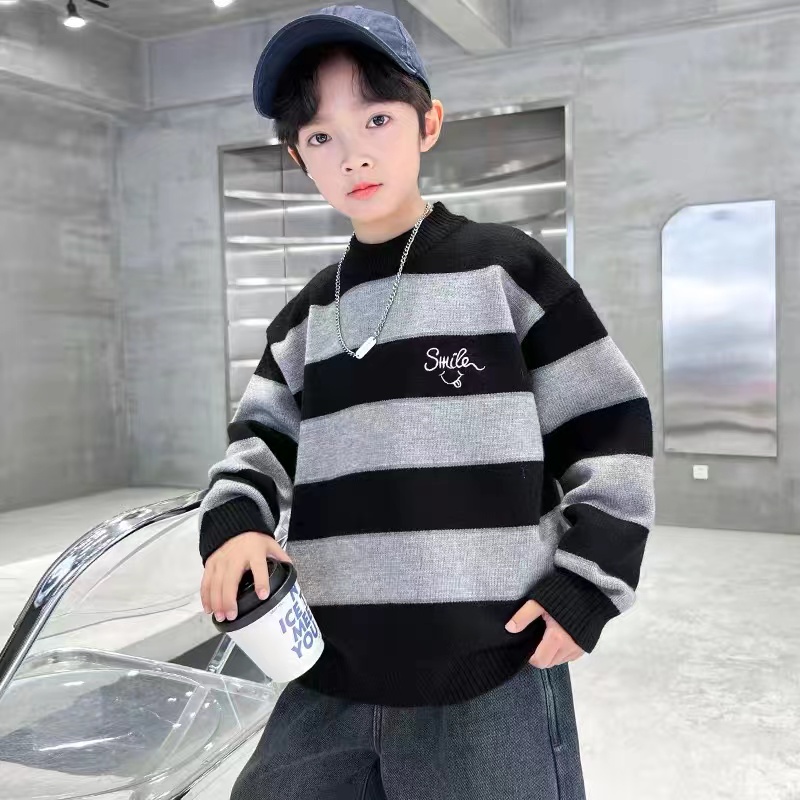 【冬款】中大童条纹毛衣针织衫时尚加厚圆领韩版秋冬打底衫