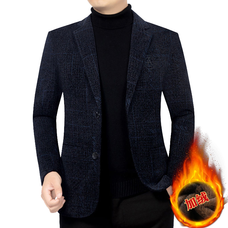 加绒加厚西服男士秋冬季毛呢子外套保暖休闲中老年爸爸雪尼尔西装