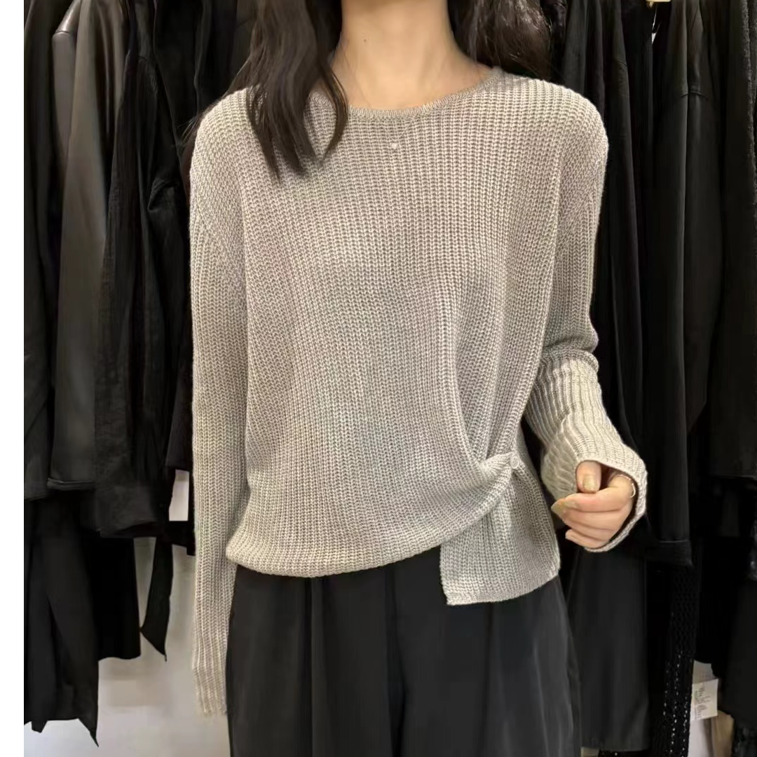 慵懒风下摆提扣针织衫女时尚百搭一粒扣镂空设计上衣女