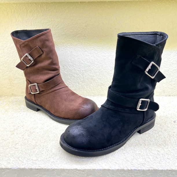 717-06 时装秀英伦风短靴女秋复古西部皮带扣平底绒面皱皱女靴 