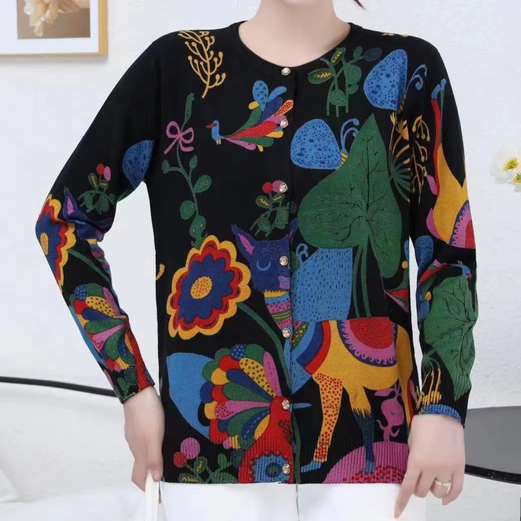 1124 五彩缤纷黑底时尚减龄百搭女士圆领打底开衫显瘦秋季毛衣