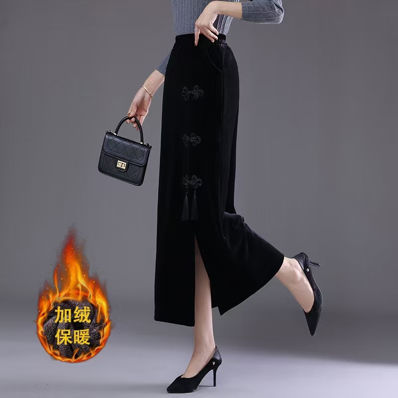 秋冬时尚直筒裙|加绒加厚盘扣流苏高腰显瘦保暖开叉半身裙长款