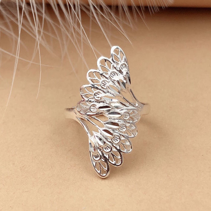 足银戒指 足银手工凤舞九天羽毛活口戒指