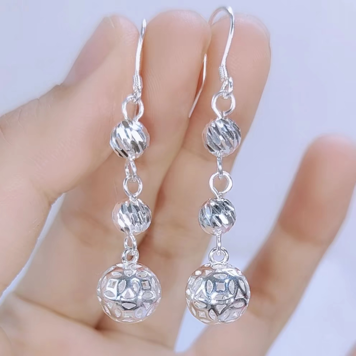 足银耳饰 足银990镂空圆珠耳环