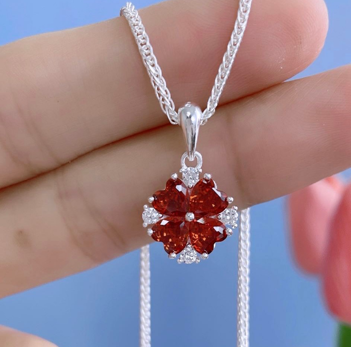 坠链均足银锆石 足银锆石爱心四叶草项链