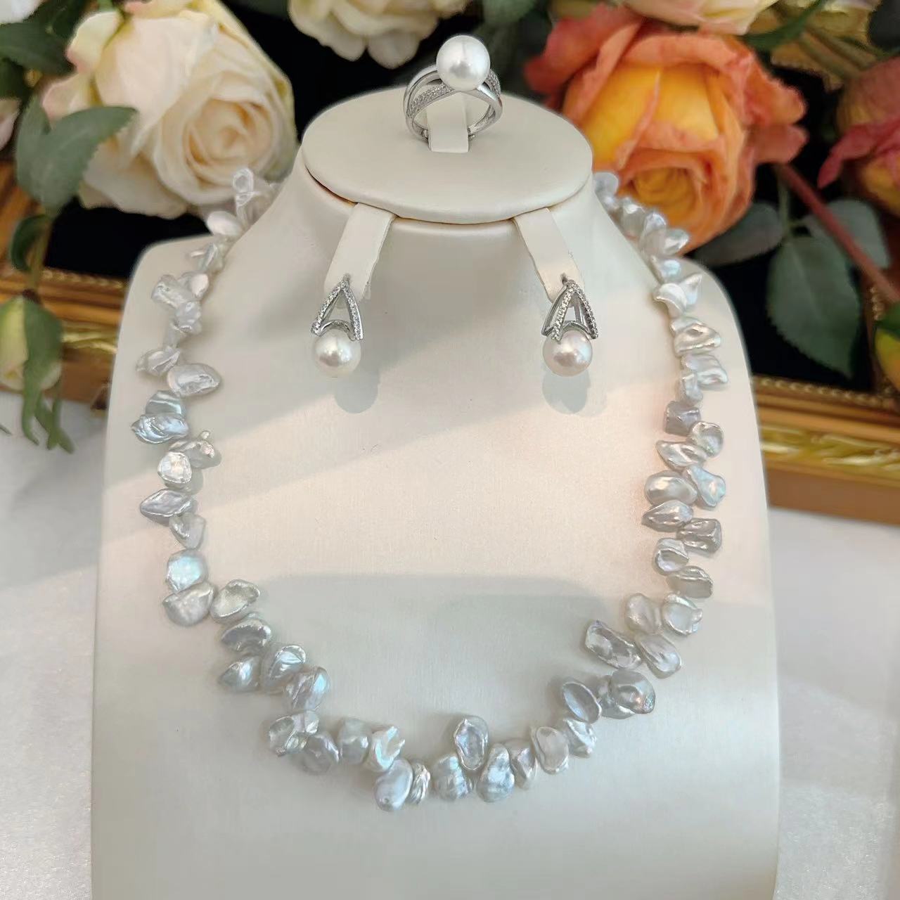 花瓣野生珍珠项链一套