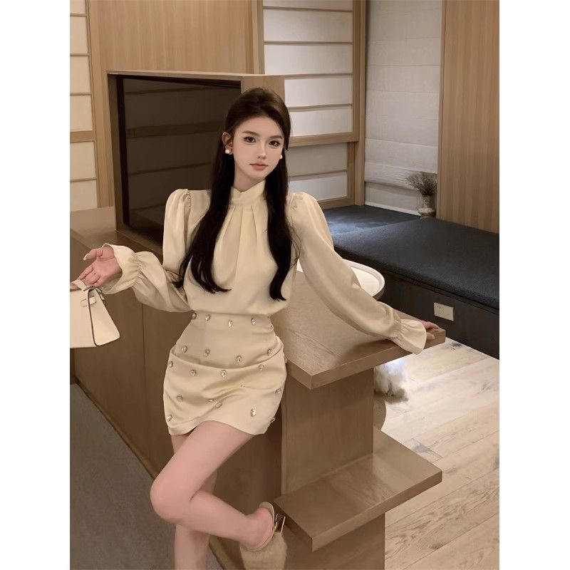 法式御姐高级感小众泡泡袖长袖衬衫上衣镶钻高腰显瘦半身裙两件套