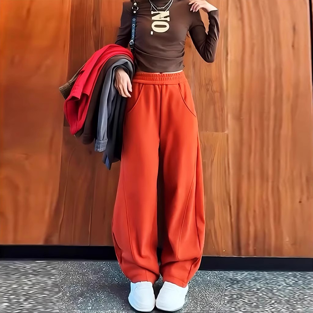脏橘色加绒阔腿裤子女春秋2025新款爆款韩系高腰小个子雅痞直筒裤