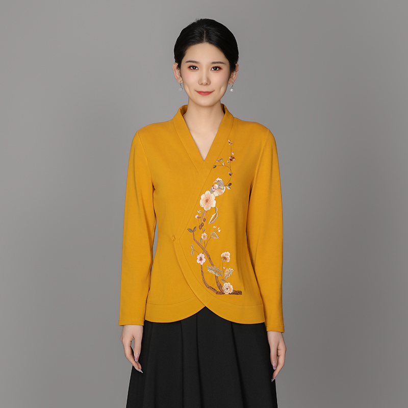 【棉质】中式重工刺绣简约百搭V领舒适女凤舞花香抓毛上衣ACL18988