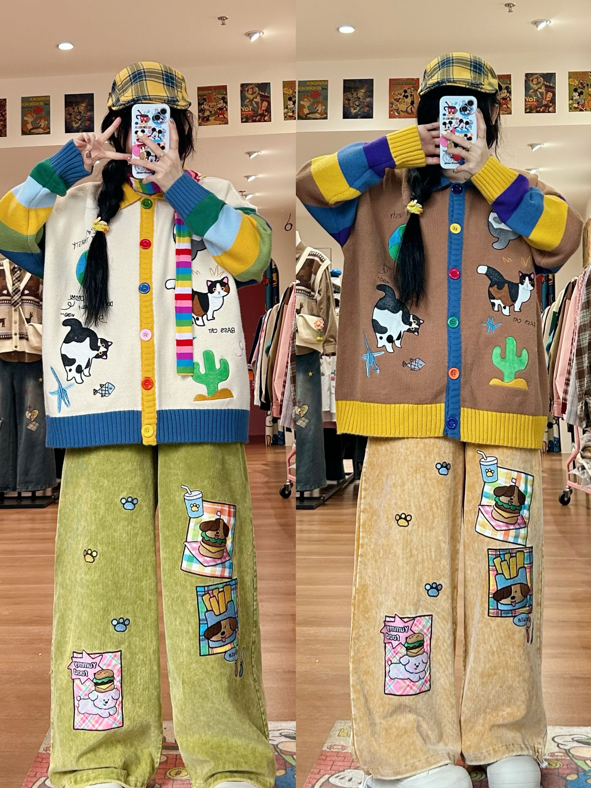 方块/2024秋冬日系趣味复古小猫刺绣撞色条纹针织开衫毛衣外套