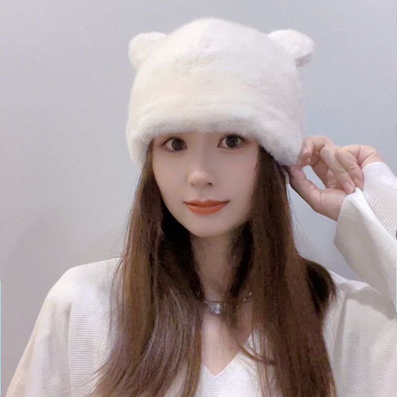 日系甜美减龄小熊耳朵毛绒盆帽女2023秋冬新款水貂毛百搭护耳冷帽