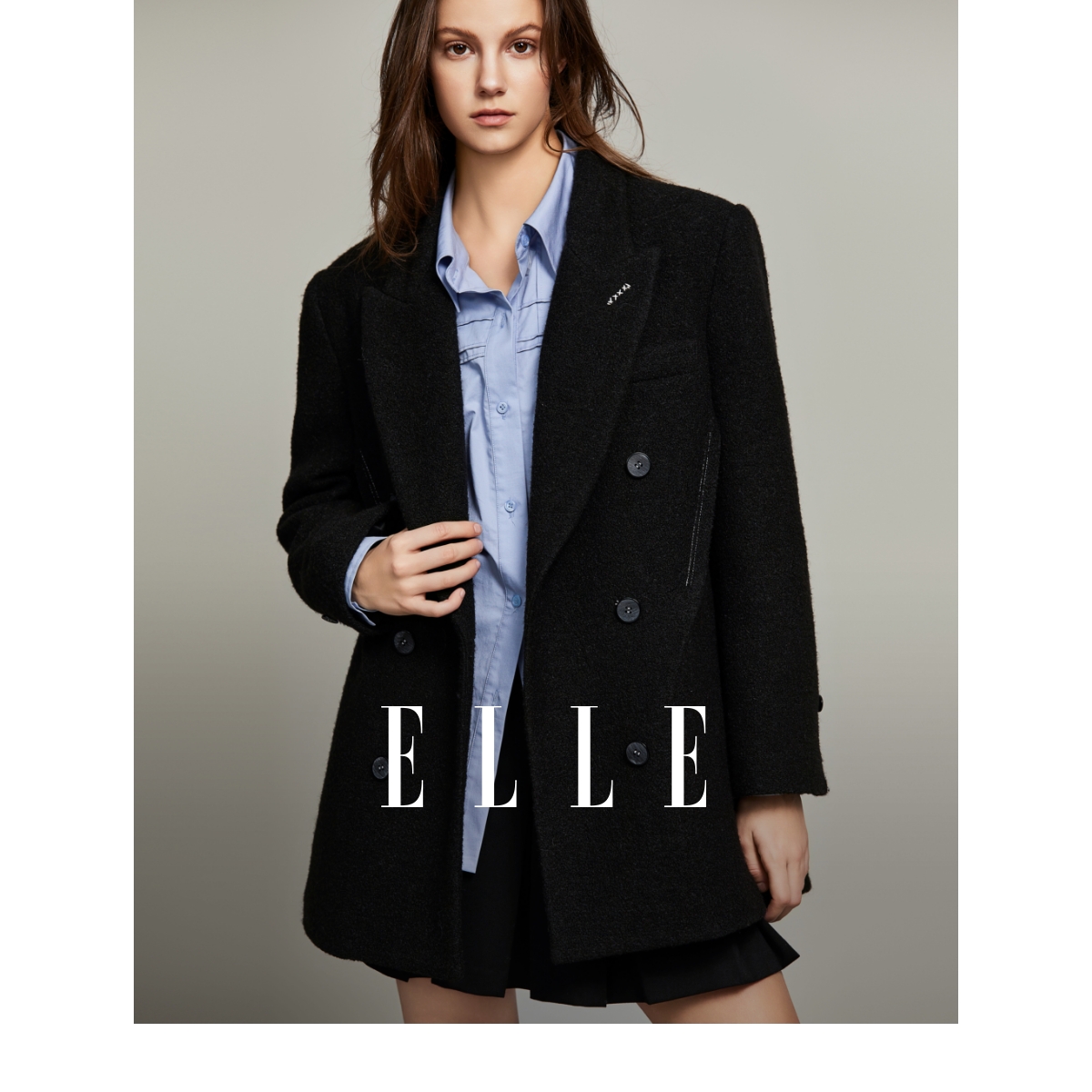 【王雪糕专属】ELLE时尚毛呢通勤双排扣冬季citywarm外套女-EF36751