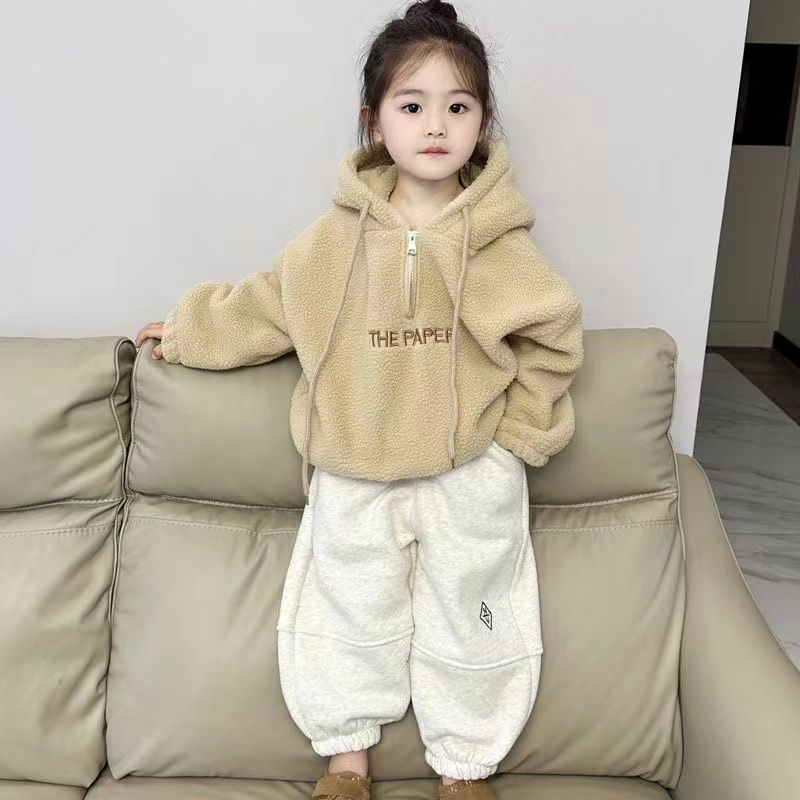 女童洋气秋冬装潮流女宝宝带帽卫衣套装儿童保暖加绒卫裤两件套