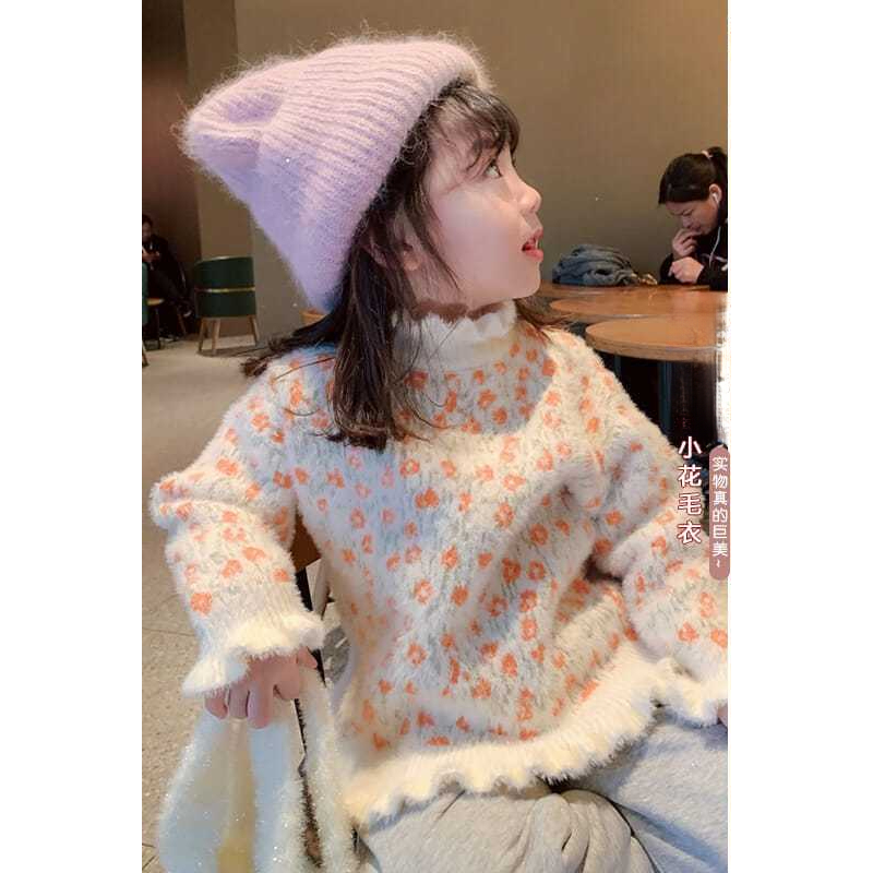 女童毛衣加绒加厚一体仿水貂绒小碎花宝宝半高领洋气冬儿童针织衫