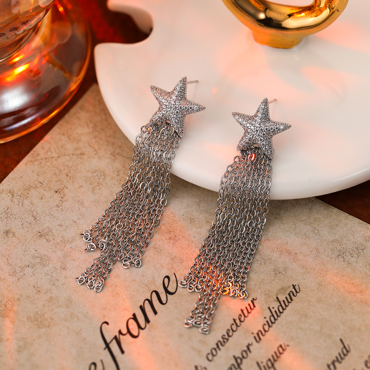 铜合金耳饰 S086时尚百搭精致星星流苏耳环小众轻奢耳钉高级设计