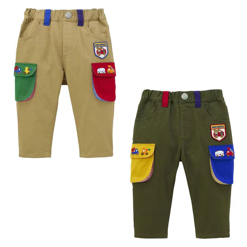 miki童装秋冬新款男童卡通小熊徽章工程车刺绣拼色长裤工装裤