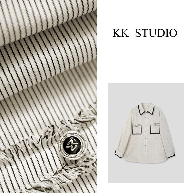 淇老板KK Studio休闲时尚长袖宽松条纹中长款满分棉衬衫8118