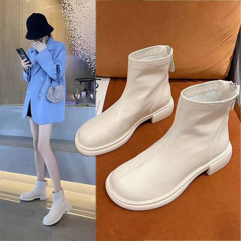 短靴女2023新款法式英伦风马丁靴春秋单靴米白色切尔西瘦瘦靴裸靴