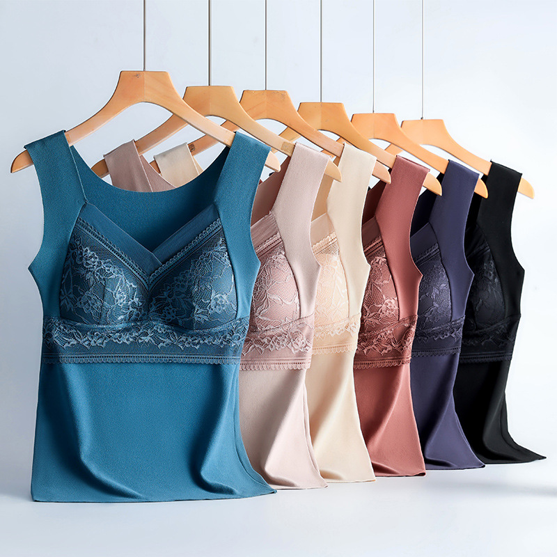 秋冬德绒保暖背心内衣女蕾丝带胸垫固定杯无痕大码加绒发热打底衫