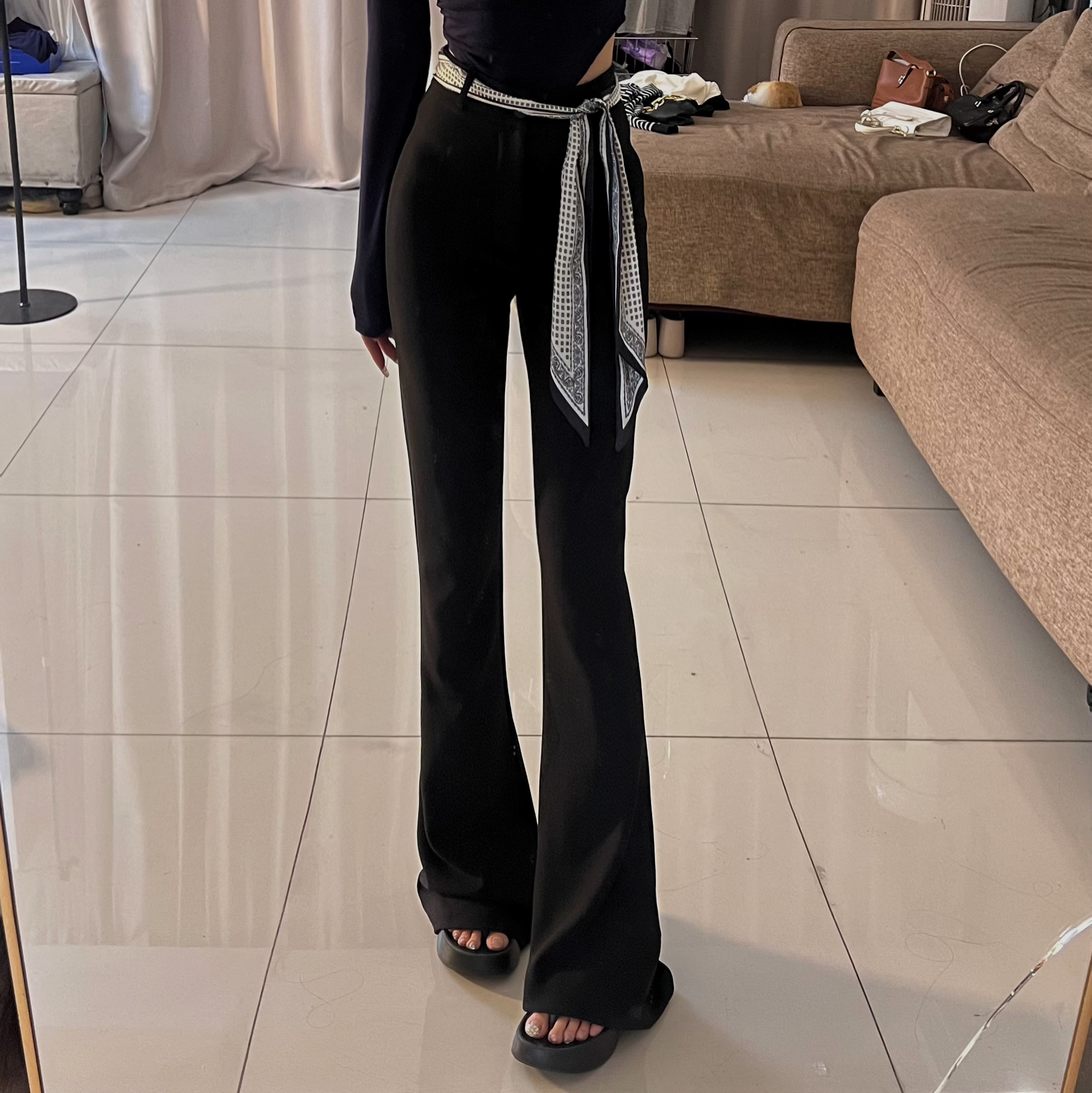 中喇叭丝巾腰带西装喇叭裤女秋冬洋气质修身弹力高腰显瘦阔腿中喇