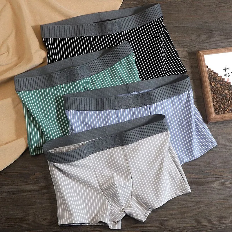 高档【送男友礼物】纯棉男士平角内裤四角条纹透气潮流韩版中腰简约