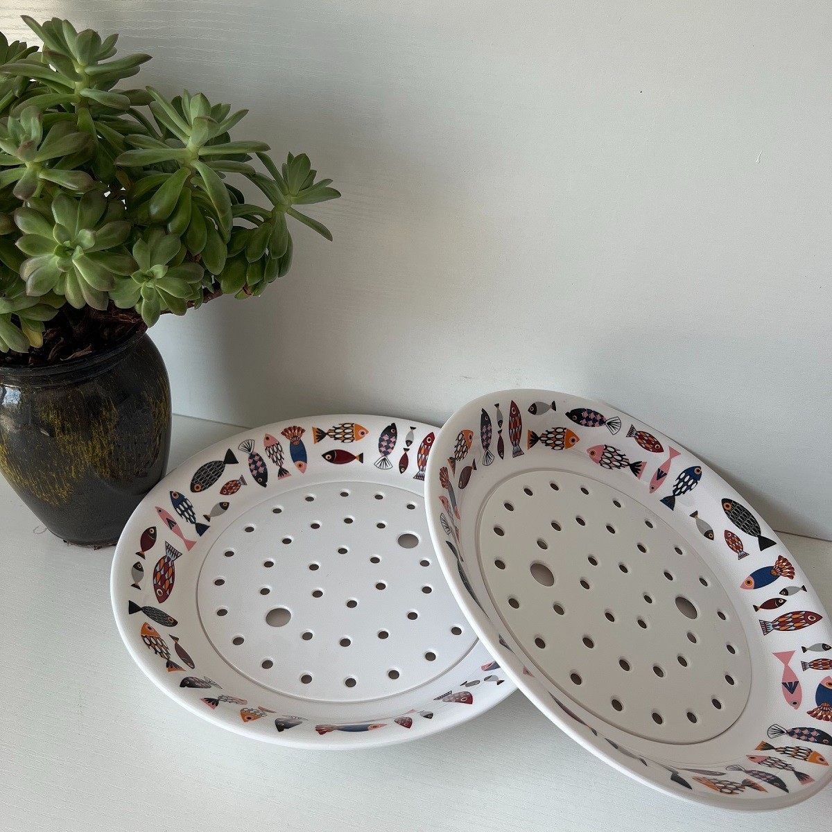 经典密胺瓷饺子盘双层沥水加厚不掉色耐高温120℃家庭多用途