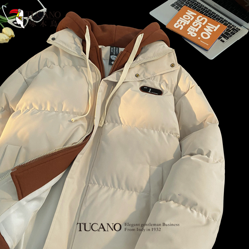 啄木鸟棉服冬季男纯色连帽棉袄外套宽松保暖加厚情侣款假两件棉衣