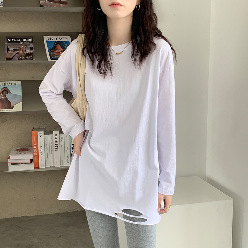 2024早秋季新款百搭白色长袖t恤女中长款遮屁纯棉打底衫上衣洋气