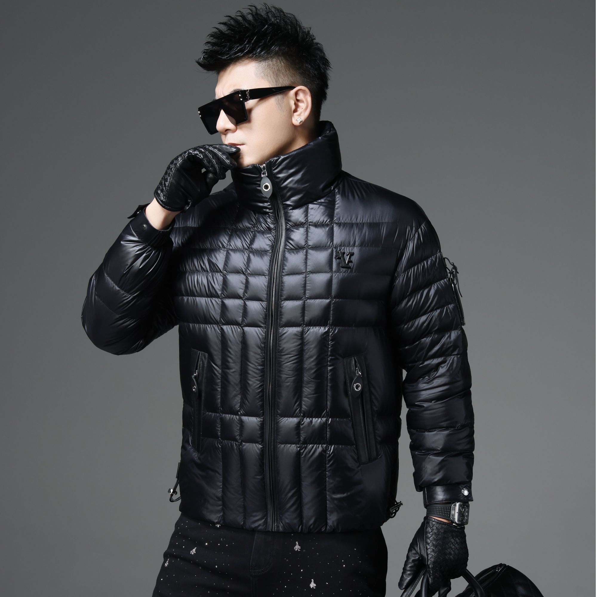 2025男士羽绒服冬季轻奢时尚潮流百搭休闲绗缝拼羊皮立领夹克外套